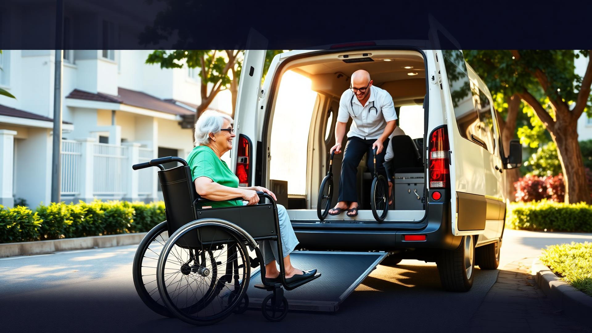 A trained Movu driver helping a smiling elderly woman board a wheelchair-accessible van