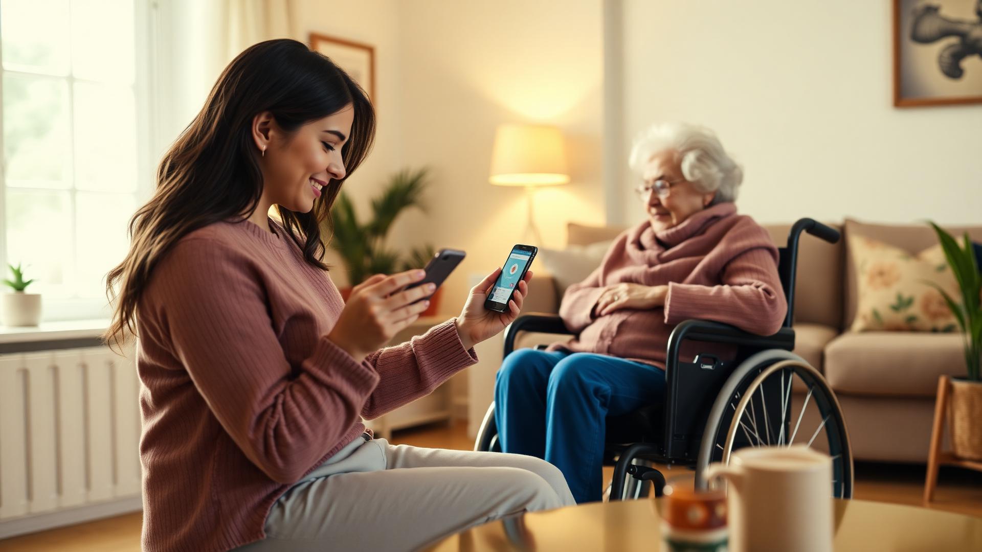 A daughter booking a Movu ride on her phone for her elderly mother