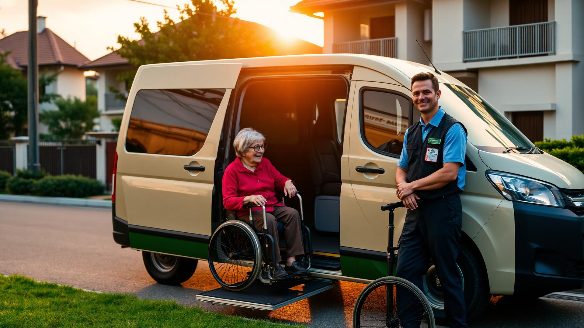 A friendly Movu driver standing beside an accessible van at golden hour