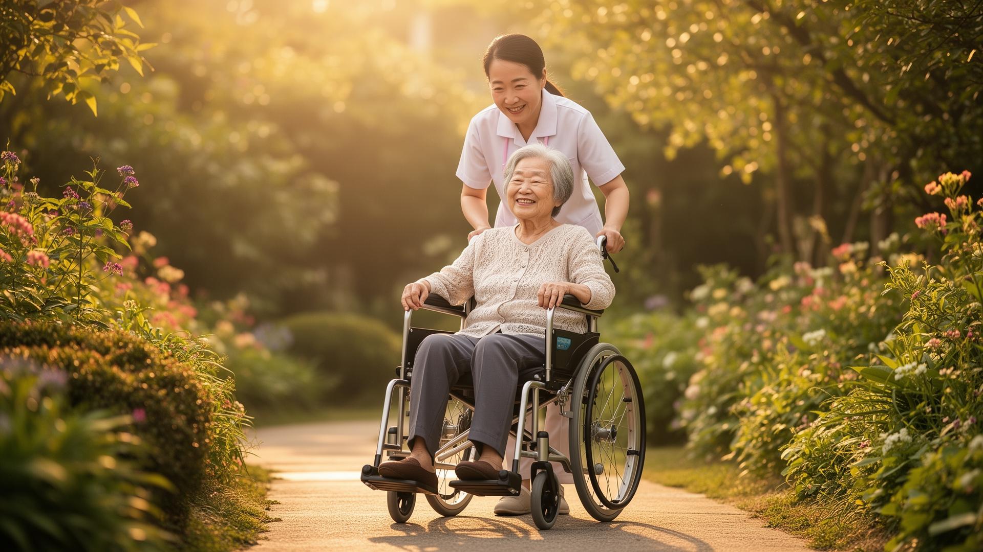 A caregiver assisting a smiling elderly woman in a wheelchair through a sunlit garden